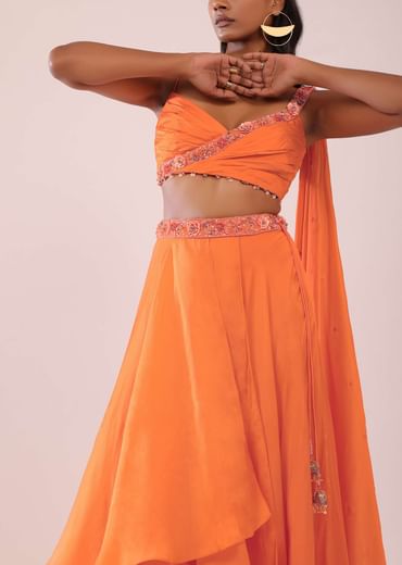 Orange Satin Organza Drape Lehenga And Blouse Set With Attached Pallu
