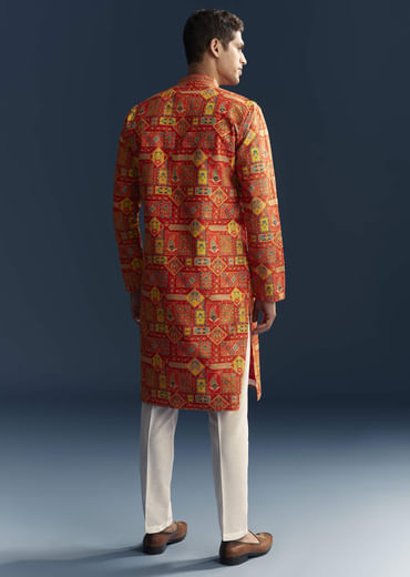 Orange Silk Kurta Set For Men With Heavy Hand Embroidery