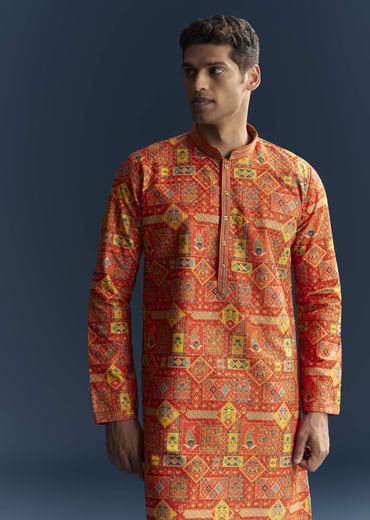 Orange Silk Kurta Set For Men With Heavy Hand Embroidery