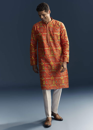 Orange Silk Kurta Set For Men With Heavy Hand Embroidery