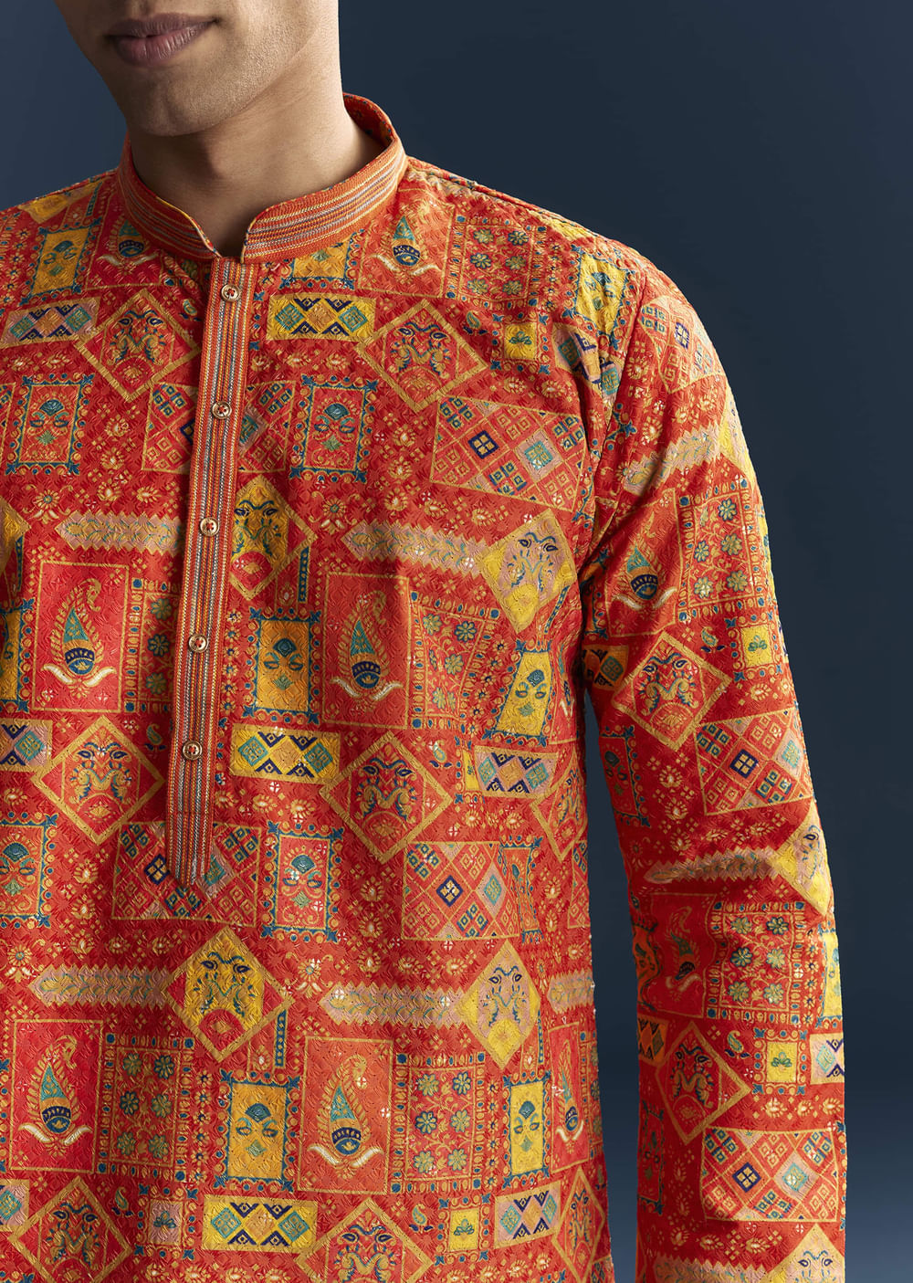 Orange Silk Kurta Set For Men With Heavy Hand Embroidery