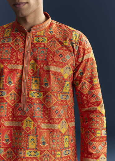 Orange Silk Kurta Set For Men With Heavy Hand Embroidery