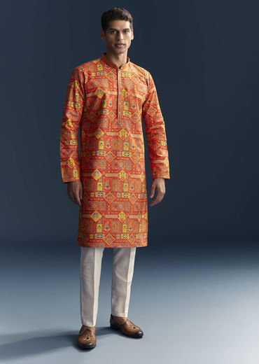 Orange Silk Kurta Set For Men With Heavy Hand Embroidery