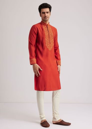 Orange Silk Poly Viscose Kurta Set With Thread Embroidery