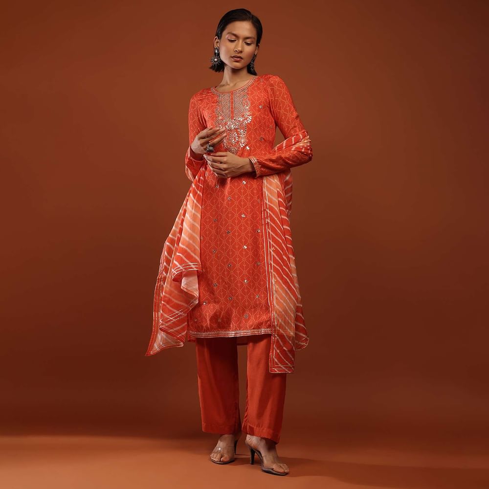 Tangerine Orange Suit With Bandhani Print And Gotta Patti Embrodiered Yoke Design