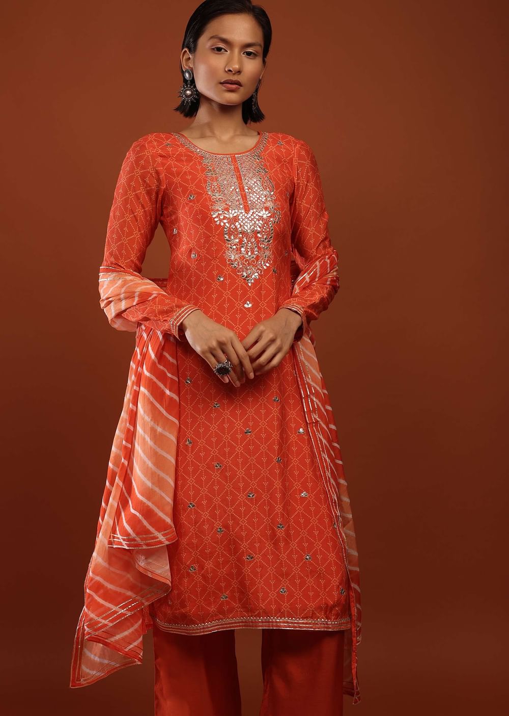Tangerine Orange Suit With Bandhani Print And Gotta Patti Embrodiered Yoke Design