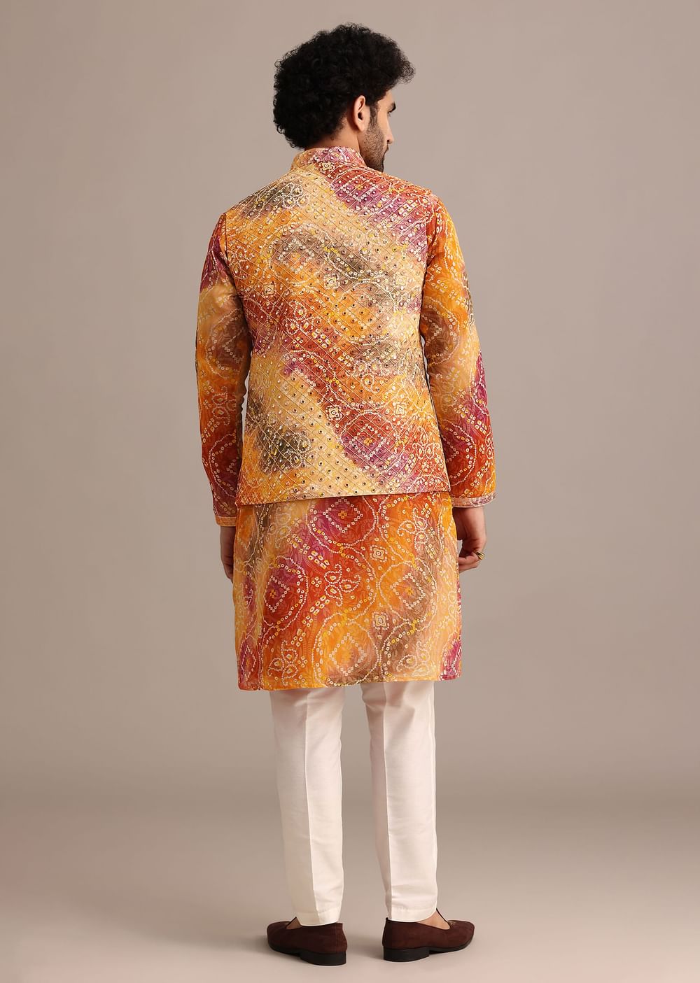Orange Tie Dye Jacket Kurta And Jacket Set With Mirror Work