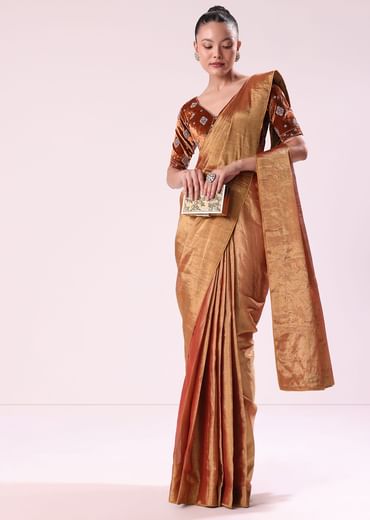Orange Tissue Saree With Embroidered Rust Orange Stitched Blouse