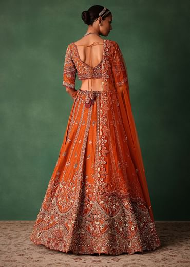 Orange Tussar Zardosi Embroidered Lehenga With Blouse And Dupatta