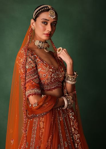 Orange Tussar Zardosi Embroidered Lehenga With Blouse And Dupatta