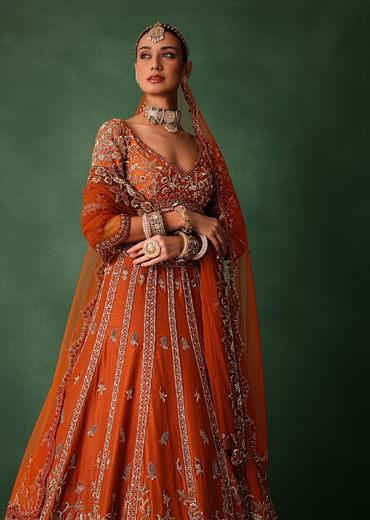 Orange Tussar Zardosi Embroidered Lehenga With Blouse And Dupatta