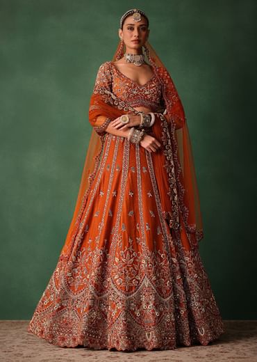 Orange Tussar Zardosi Embroidered Lehenga With Blouse And Dupatta