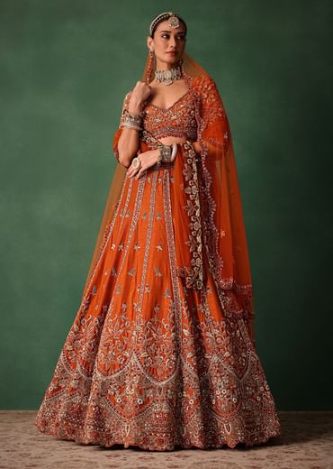 Orange Tussar Zardosi Embroidered Lehenga With Blouse And Dupatta