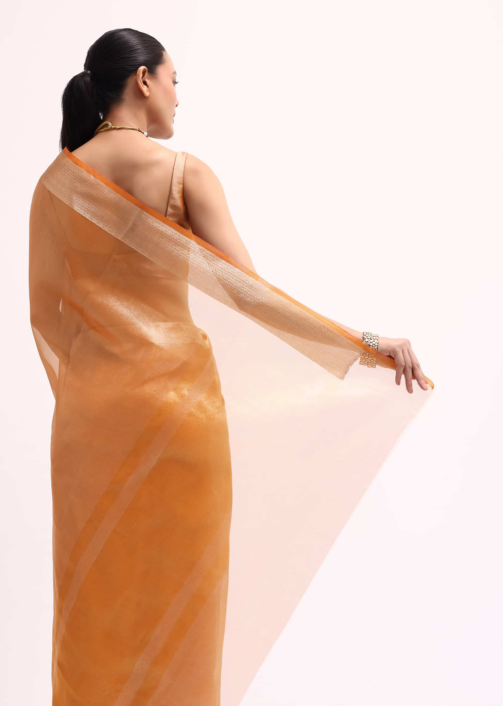 Orangish Gold Zari Chanderi Silk Saree With Unstitched Blouse