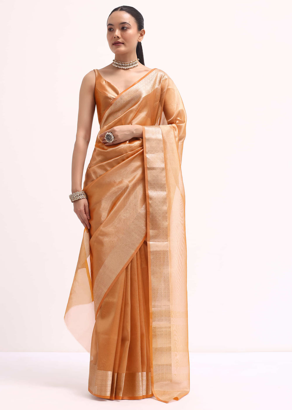 Orangish Gold Zari Chanderi Silk Saree With Unstitched Blouse