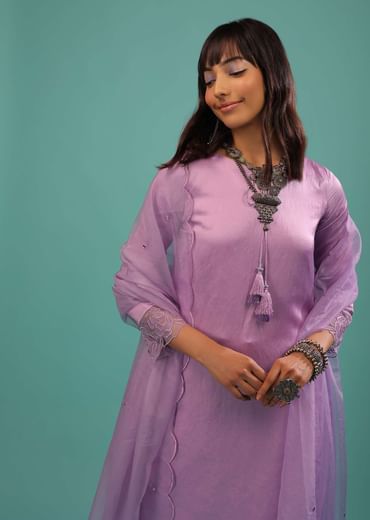 Lavender Purple Linen Silk Dhoti Suit With Floral Embroidered Organza Cuffs