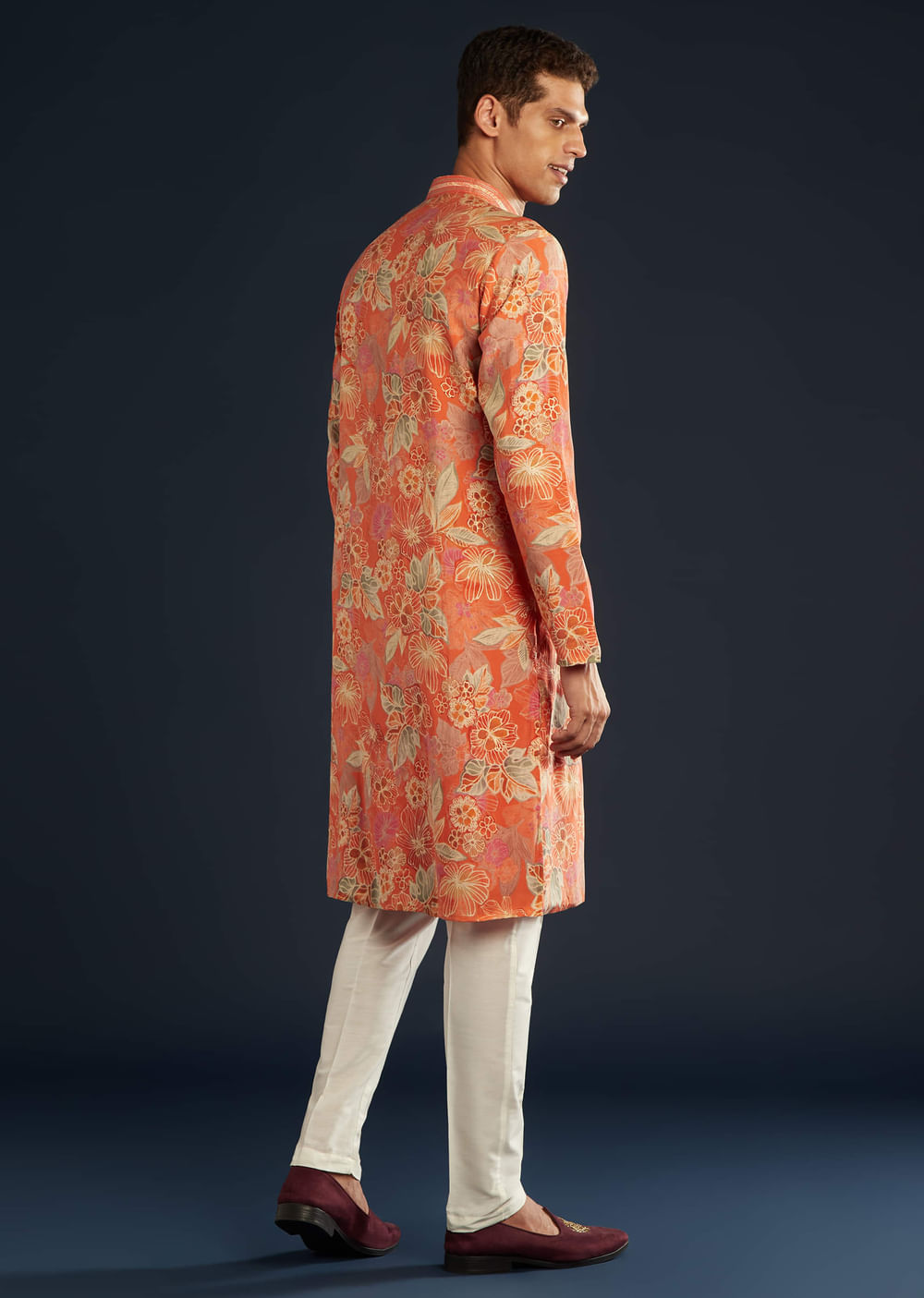 Ornage Silk Kurta Set with Floral Prints