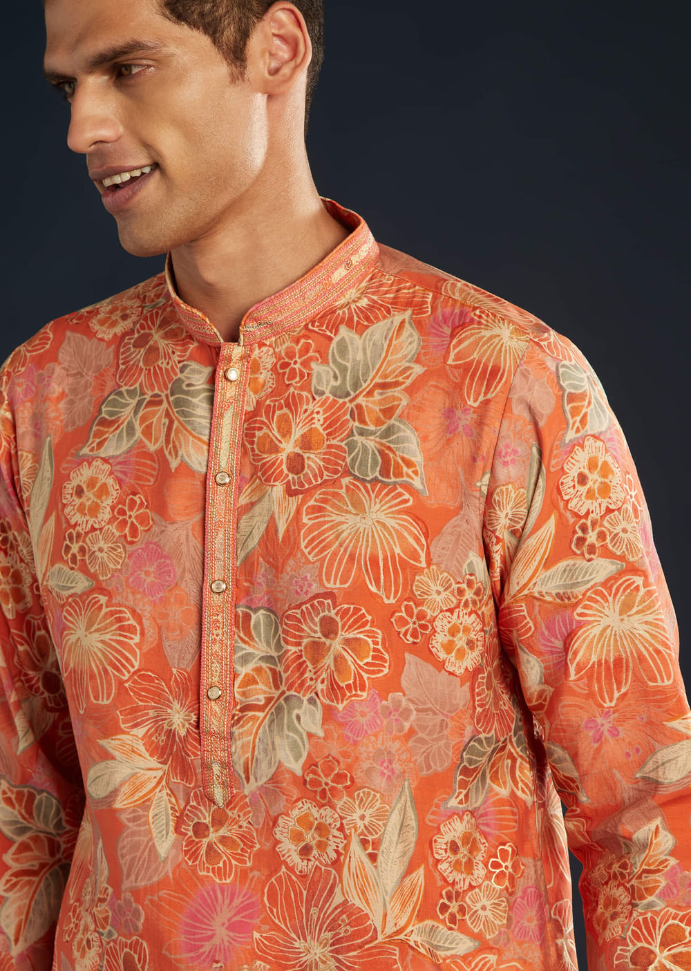 Ornage Silk Kurta Set with Floral Prints