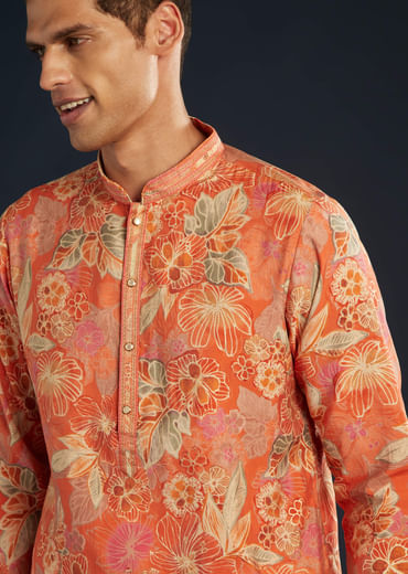 Ornage Silk Kurta Set with Floral Prints