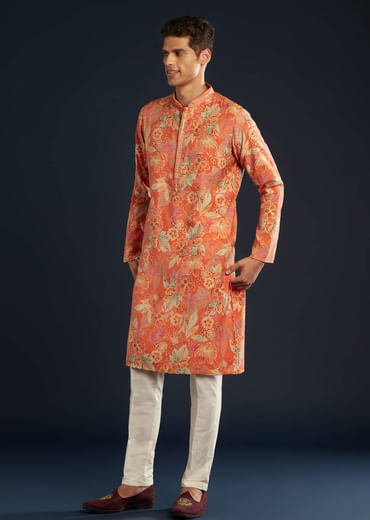 Ornage Silk Kurta Set with Floral Prints
