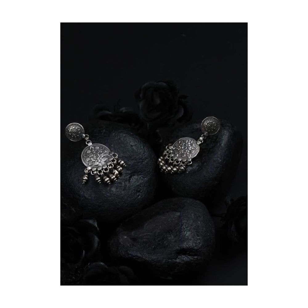 Oxidised Ethnic Earrings With Handmade Floral Design And Dangling Beads Made In Sterling Silver By Sangeeta Boochra