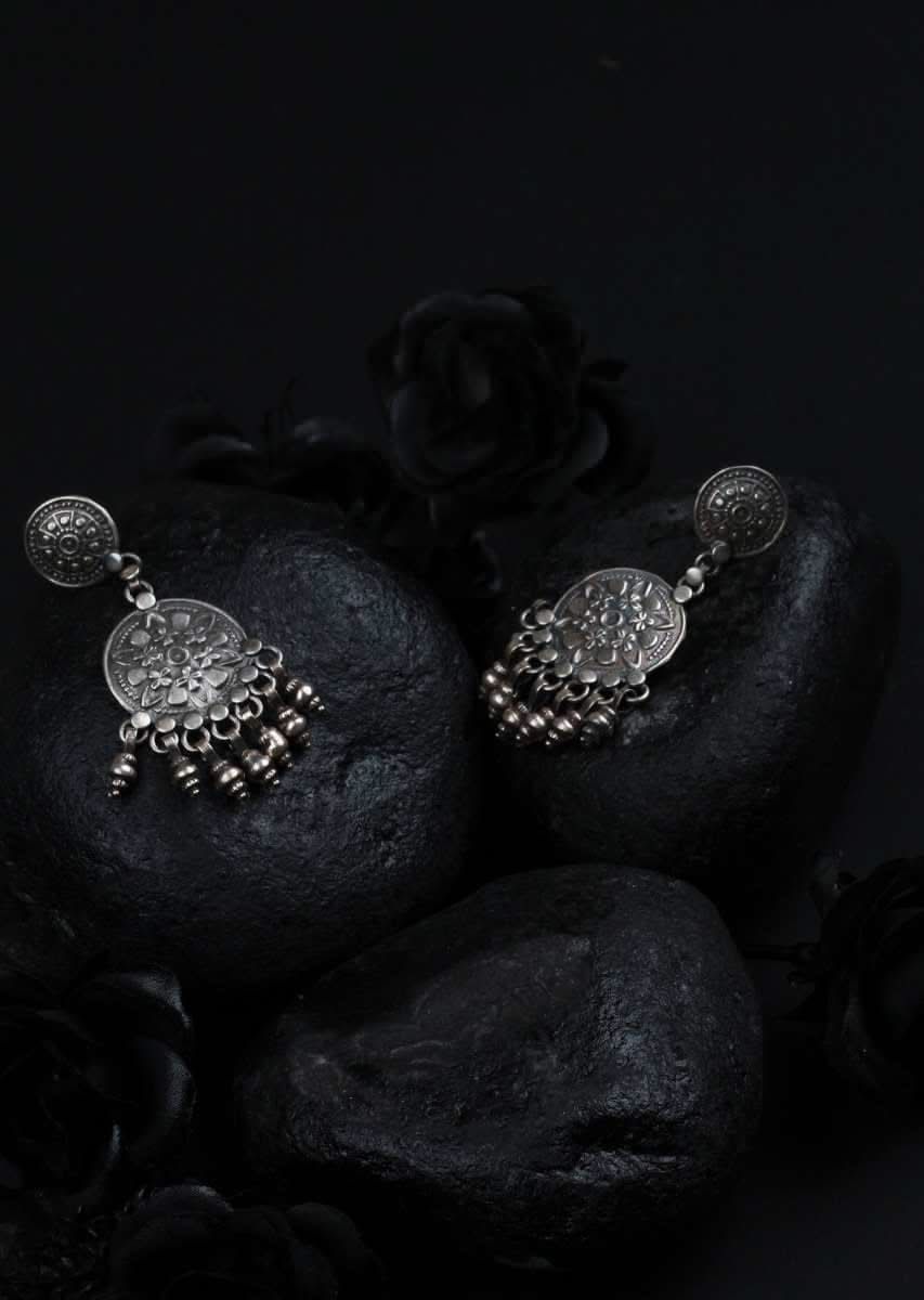 Oxidised Ethnic Earrings With Handmade Floral Design And Dangling Beads Made In Sterling Silver By Sangeeta Boochra