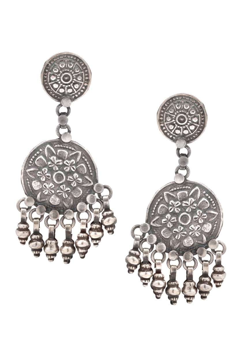 Oxidised Ethnic Earrings With Handmade Floral Design And Dangling Beads Made In Sterling Silver By Sangeeta Boochra