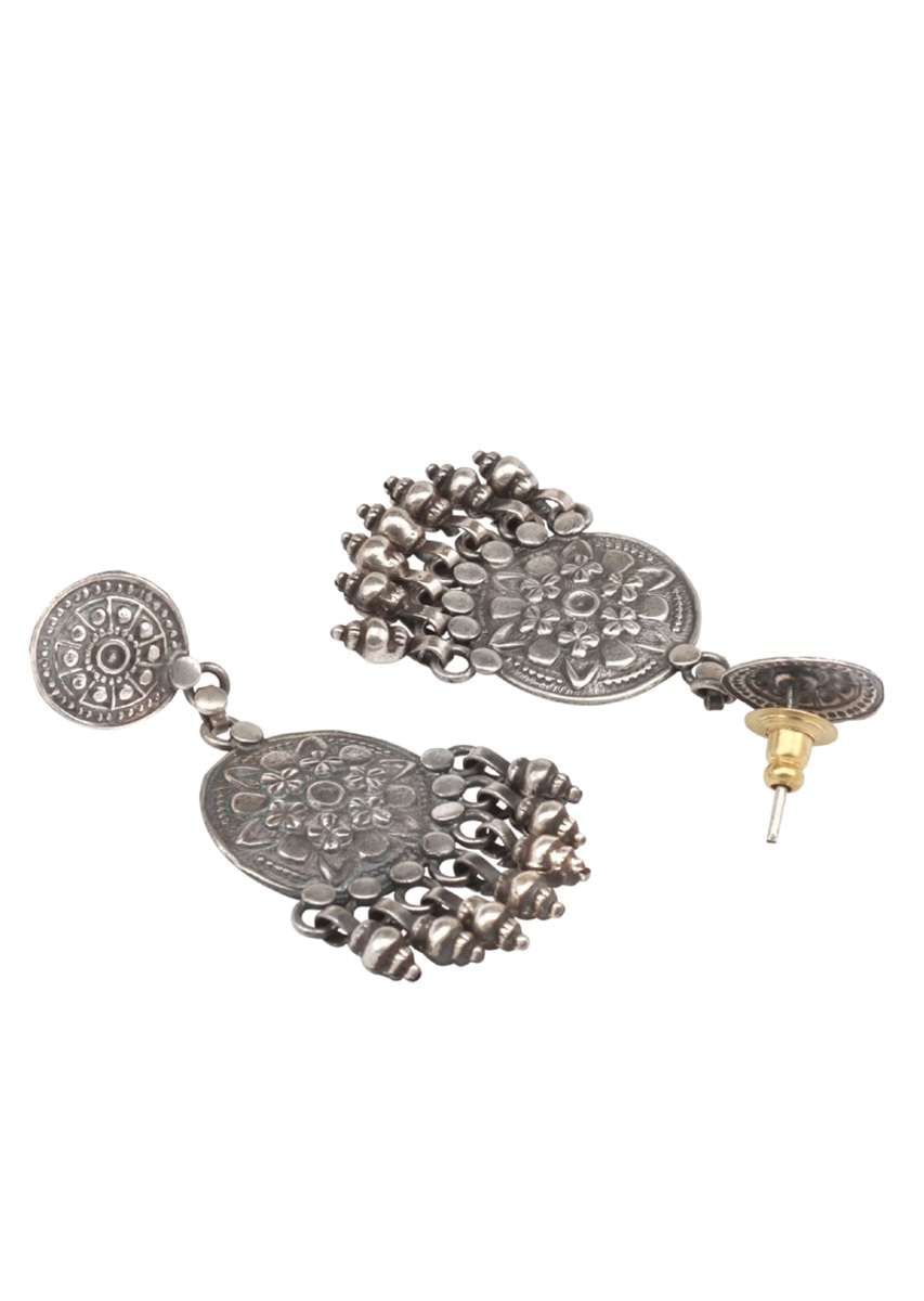 Oxidised Ethnic Earrings With Handmade Floral Design And Dangling Beads Made In Sterling Silver By Sangeeta Boochra