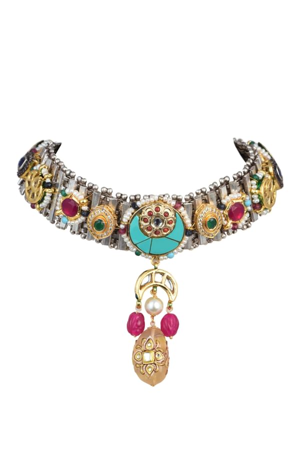 Oxidised Pendant Necklace Set With Bead Drops And Floral Motifs Oxidised Pendant Necklace Set With Bead Drops And Floral Motifs