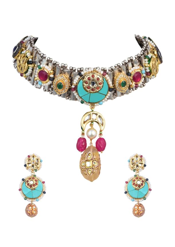 Oxidised Pendant Necklace Set With Bead Drops And Floral Motifs Oxidised Pendant Necklace Set With Bead Drops And Floral Motifs