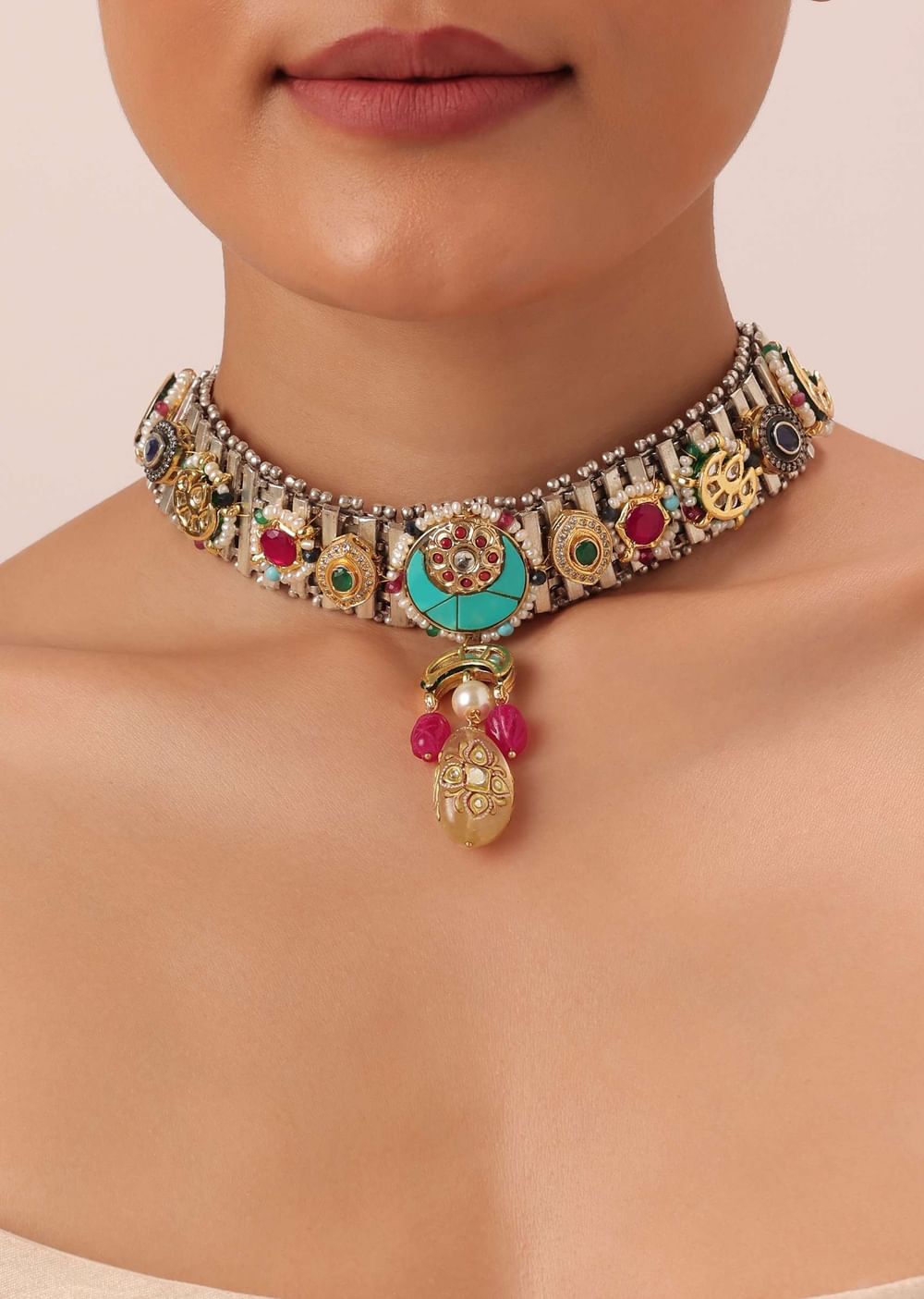 Oxidised Pendant Necklace Set With Bead Drops And Floral Motifs