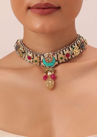 Oxidised Pendant Necklace Set With Bead Drops And Floral Motifs