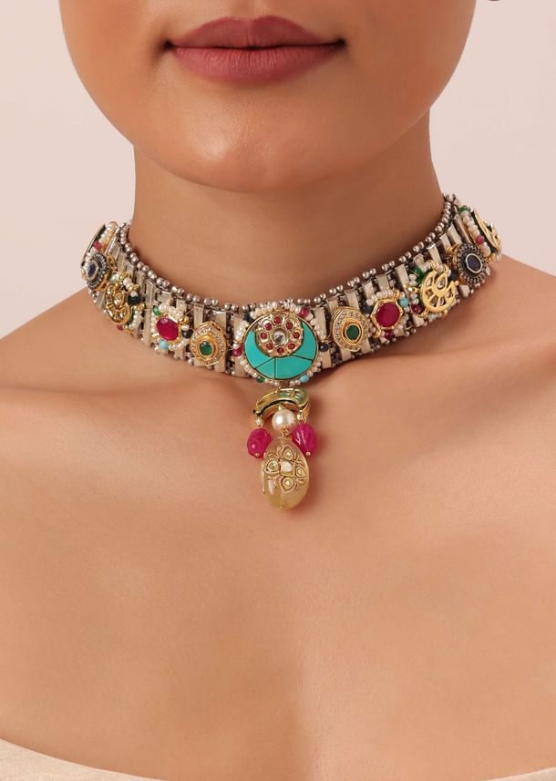 Oxidised Pendant Necklace Set With Bead Drops And Floral Motifs Oxidised Pendant Necklace Set With Bead Drops And Floral Motifs
