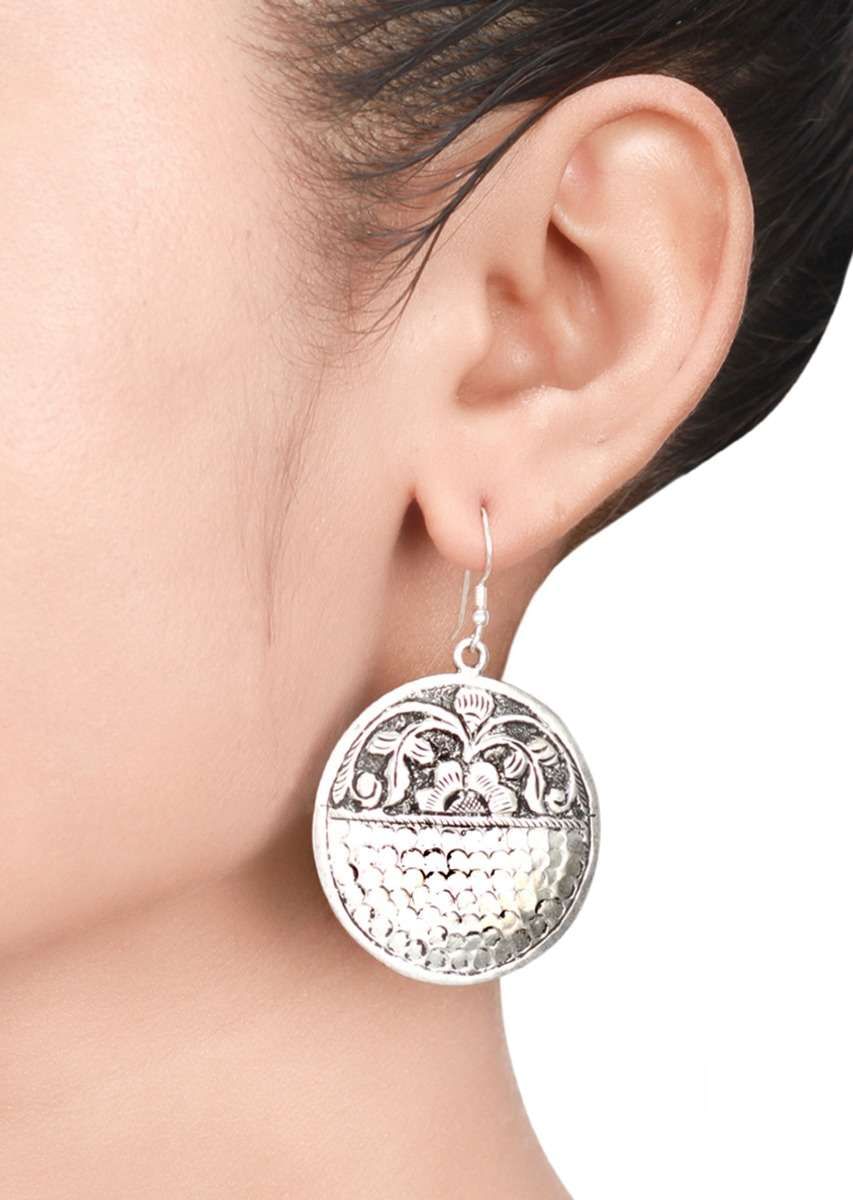 Oxidised Silver Designer Hand Crafted In Oval Shape With Carved Flowers Made In Sterling Silver By Sangeeta Boochra
