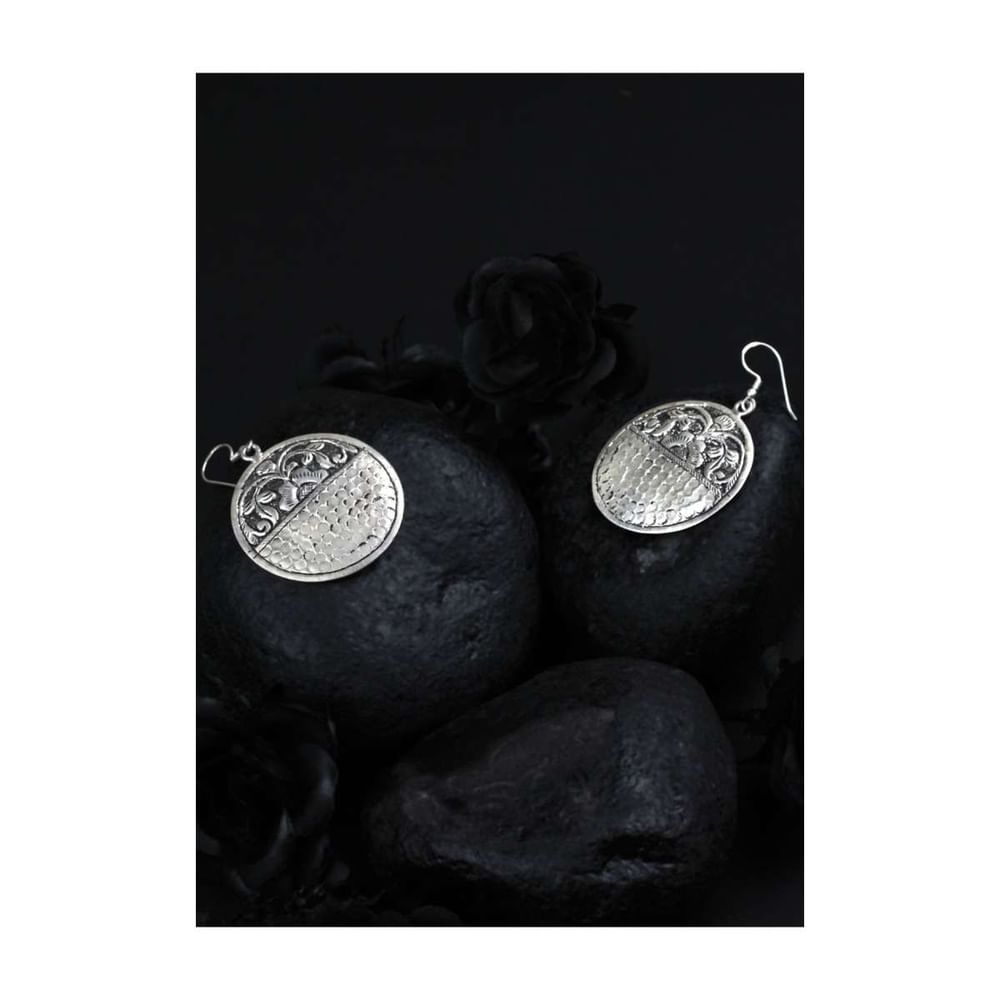 Oxidised Silver Designer Hand Crafted In Oval Shape With Carved Flowers Made In Sterling Silver By Sangeeta Boochra