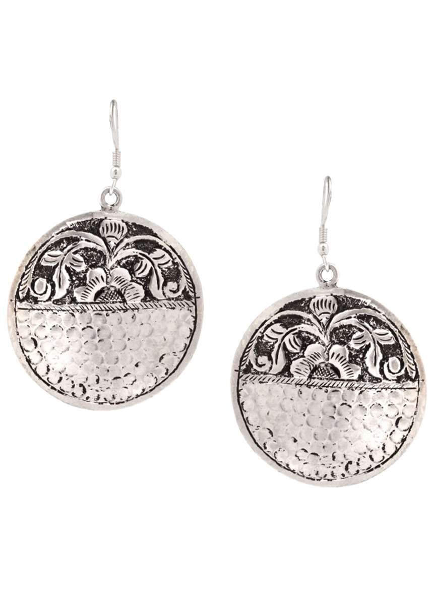 Oxidised Silver Designer Hand Crafted In Oval Shape With Carved Flowers Made In Sterling Silver By Sangeeta Boochra
