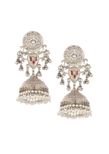 Oxidised Silver Finish Jhumkas With Meenakari Work