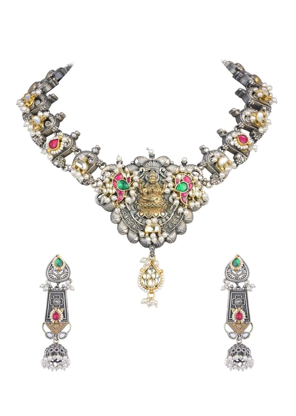 Oxidized Meenakari Necklace With Long Jhumkas Oxidized Meenakari Necklace With Long Jhumkas