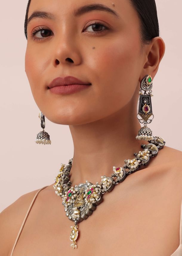 Oxidized Meenakari Necklace With Long Jhumkas Oxidized Meenakari Necklace With Long Jhumkas