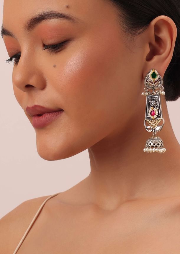 Oxidized Meenakari Necklace With Long Jhumkas Oxidized Meenakari Necklace With Long Jhumkas