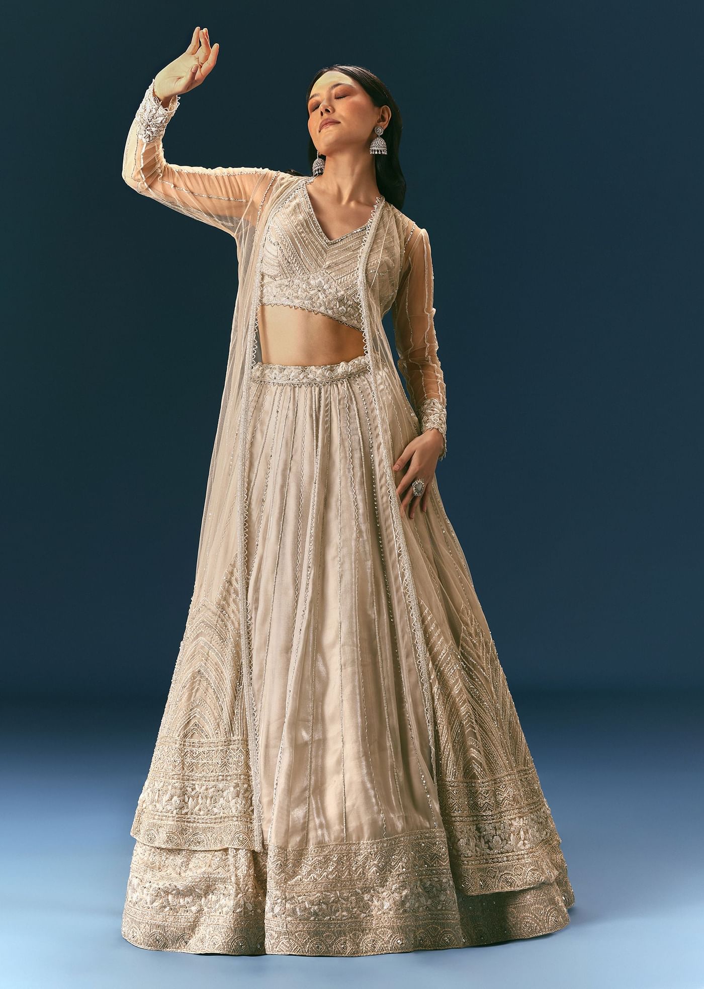 Oyster Lehenga Set In Organza With Jacket