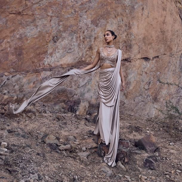 Oyster Beige Pre-Stitched Saree With Stylized Blouse