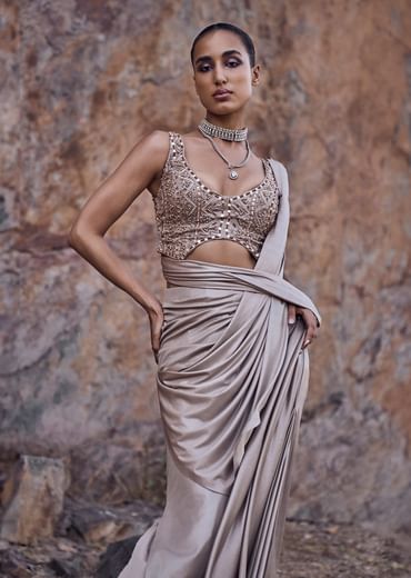 Oyster Beige Pre-Stitched Saree With Stylized Blouse