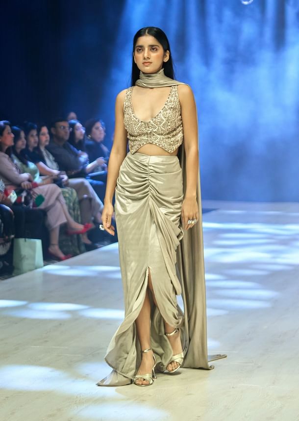 Oyster Beige Pre-Stitched Saree With Stylized Blouse