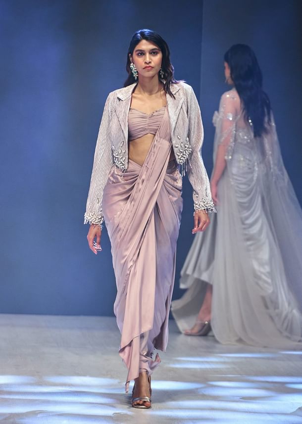 Oyster Beige Short Blazer With Blouse And Pre Stitched Saree