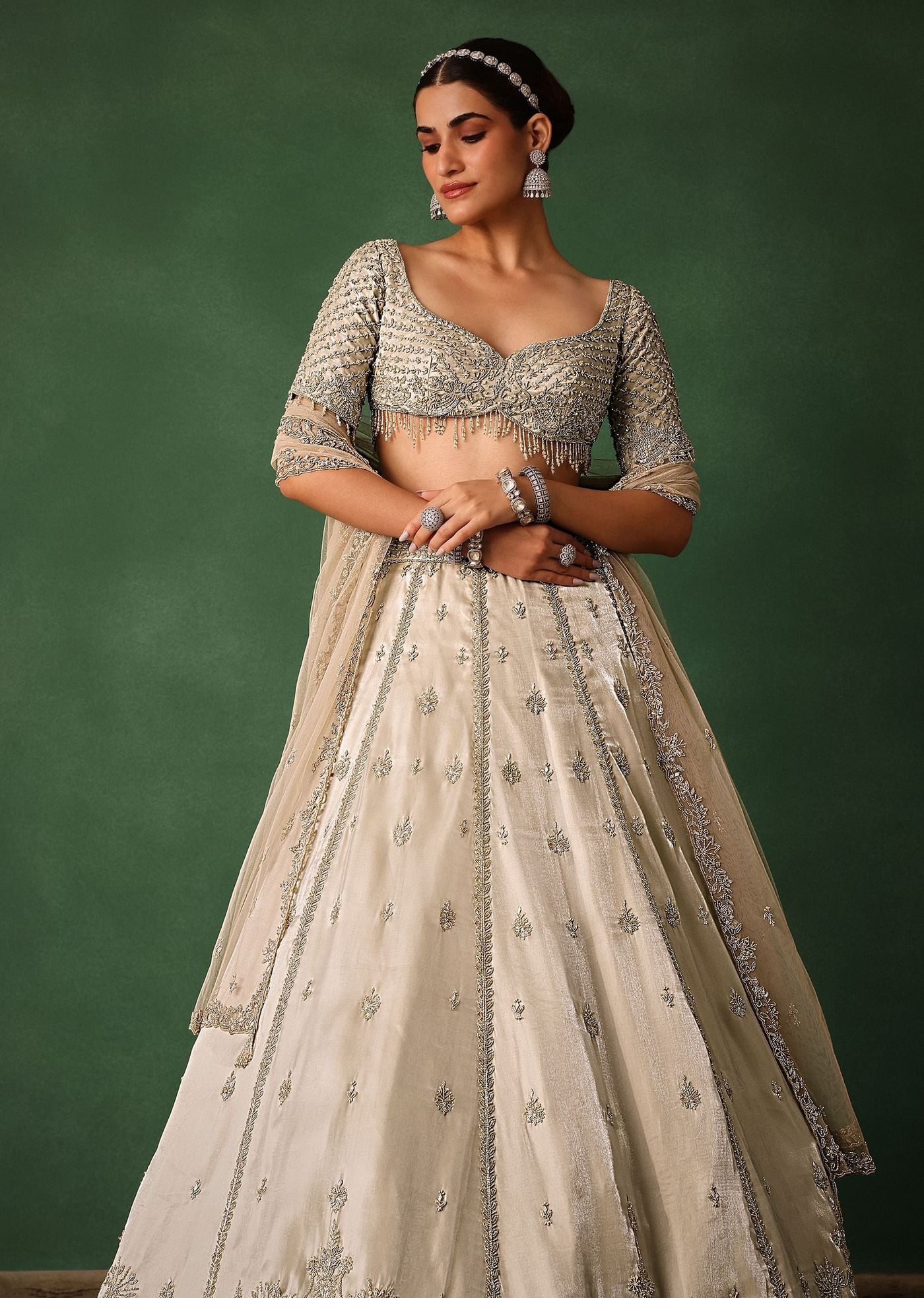 Oyster Hand Embroidered Organza Lehenga Set With Cutdana Work
