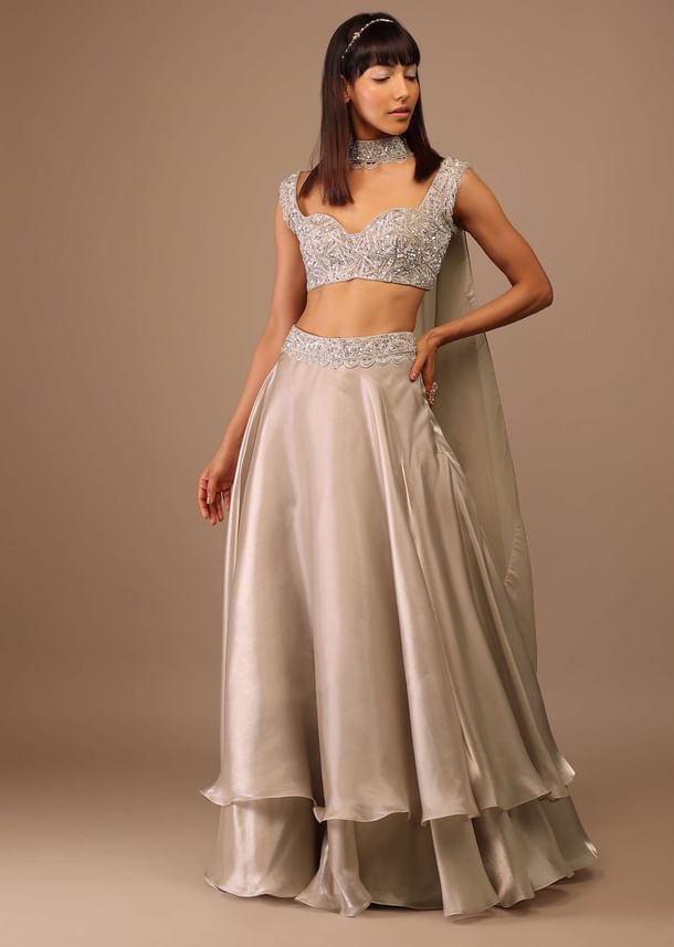 Oyster Organza Layered Skirt With Sleeveless Hand Embroidered Crop Top