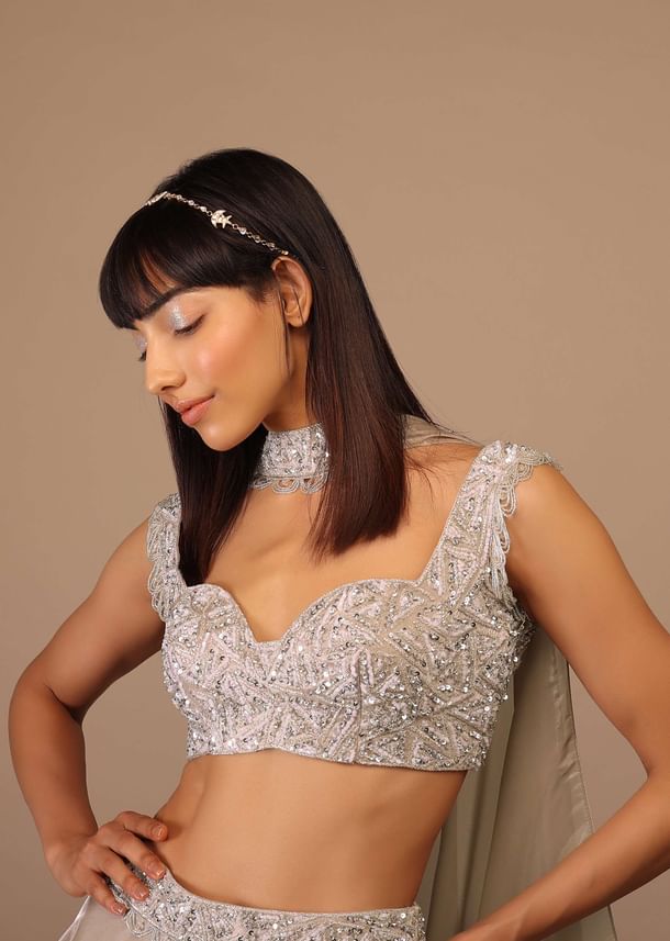 Oyster Organza Layered Skirt With Sleeveless Hand Embroidered Crop Top