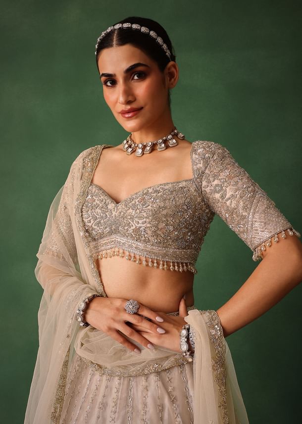 Oyster Pink Hand Embroidered Organza Lehenga Set