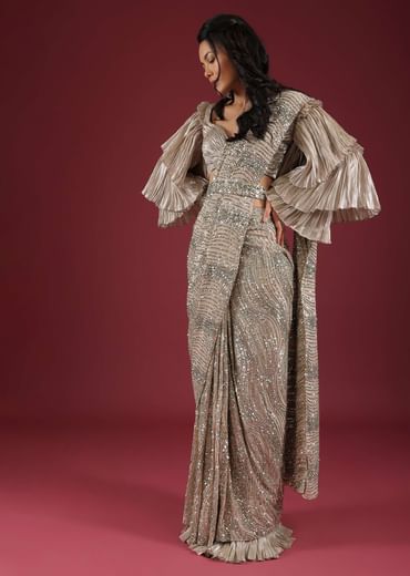 Oyster Ready Pleated Saree In Sequins Embroidery Crafted In Net With A Side Zip Closure